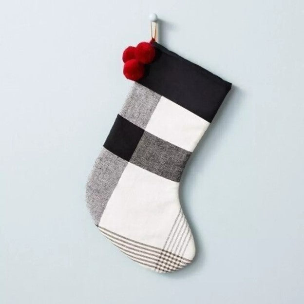 Hearth & Hand with Magnolia Christmas Stocking - Black/White Plaid with Red Poms