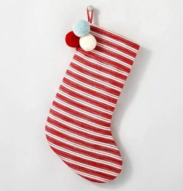 Hearth & Hand with Magnolia Christmas Stocking - Red/White Stripe with Red, White & Blue Poms