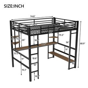 Full Size Loft Bed with Long Desk and Shelves