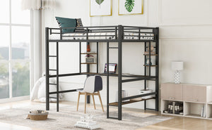 Full Size Loft Bed with Long Desk and Shelves