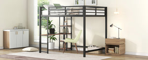 Full Size Metal Loft Bed with Built-in Desk and Storage Shelves