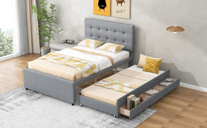 Full Size Upholstered Platform Bed with Pull-out Twin Size Trundle and 3 Drawers