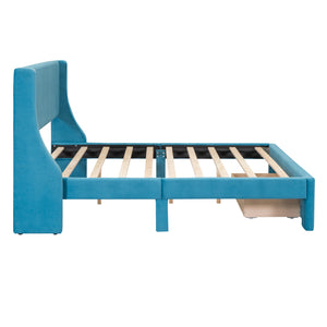 Full Size Velvet Upholstered Platform Bed with Large Drawer