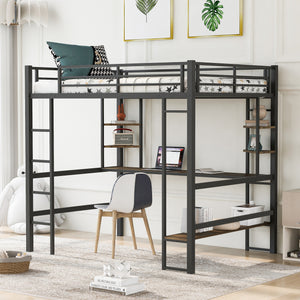 Full Size Loft Bed with Long Desk and Shelves