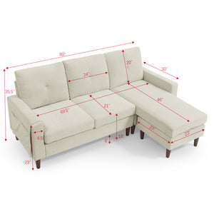 80' Convertible Sectional Sofa Couch;  3 Seats L-shape Sofa with Removable Cushions and Pocket;  Rubber Wood Legs