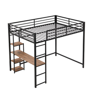 Full Size Metal Loft Bed with Built-in Desk and Storage Shelves