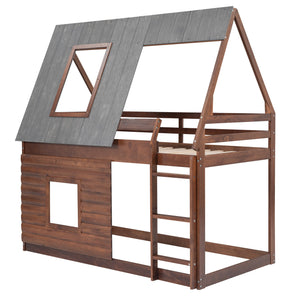 Twin Size Wood House Bunk Bed with Roof, Ladder and 2 Windows