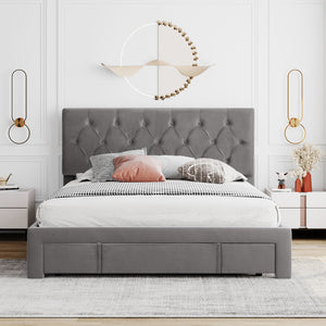 Queen Size Velvet Upholstered Platform Bed with Large Drawer