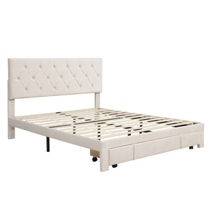 Queen Size Velvet Upholstered Platform Bed with Large Drawer