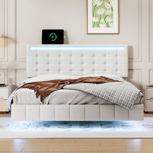 Full Size Floating Bed Frame with LED Lights and USB Charging