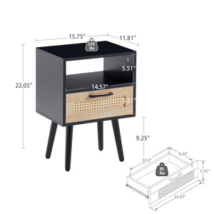 15.75" Rattan End table with drawer and solid wood legs