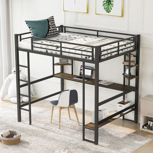 Full Size Loft Bed with Long Desk and Shelves