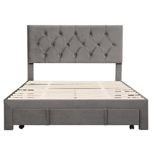 Full Size Velvet Upholstered Platform Bed with Large Drawer