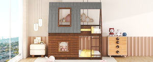 Twin Size Wood House Bunk Bed with Roof, Ladder and 2 Windows