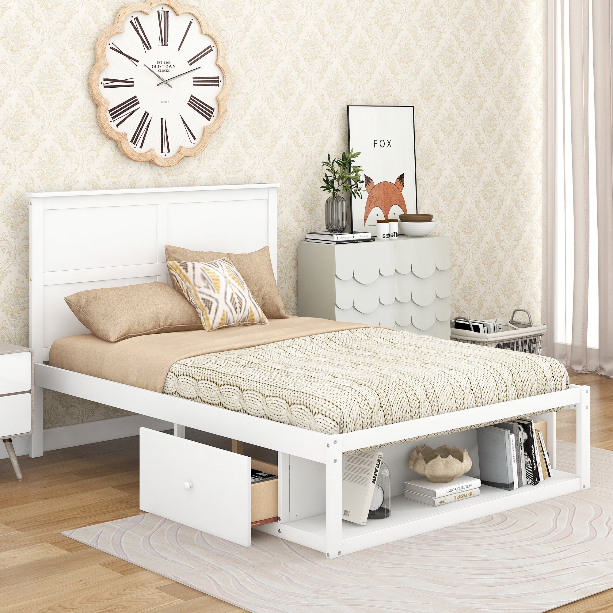 Full Size Platform Bed with Drawers and Shelf