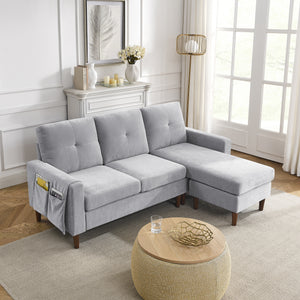 80' Convertible Sectional Sofa Couch;  3 Seats L-shape Sofa with Removable Cushions and Pocket;  Rubber Wood Legs