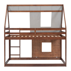 Twin Size Wood House Bunk Bed with Roof, Ladder and 2 Windows