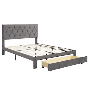 Queen Size Velvet Upholstered Platform Bed with Large Drawer