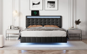 Full Size Floating Bed Frame with LED Lights and USB Charging