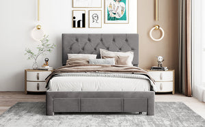 Full Size Velvet Upholstered Platform Bed with Large Drawer