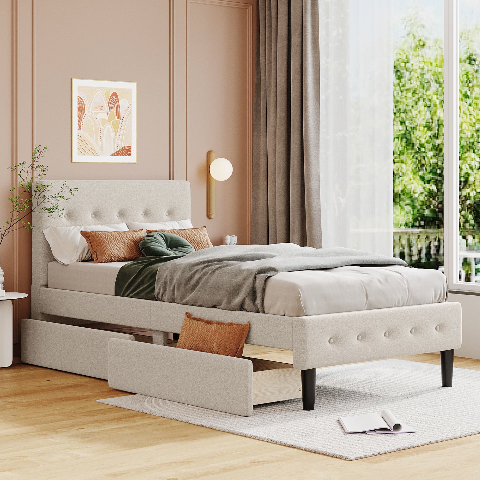 Twin Size Upholstered Platform Bed with 2 Drawers