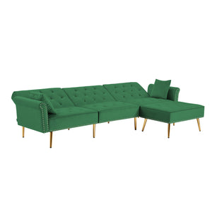 L-Shaped Modern Velvet Upholstered Reversible Sectional Sofa Bed with Movable Ottoman and Nail Head Trim