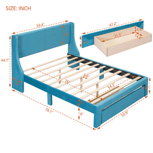 Full Size Velvet Upholstered Platform Bed with Large Drawer