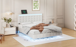 Full Size Floating Bed Frame with LED Lights and USB Charging