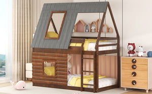 Twin Size Wood House Bunk Bed with Roof, Ladder and 2 Windows