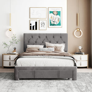 Full Size Velvet Upholstered Platform Bed with Large Drawer