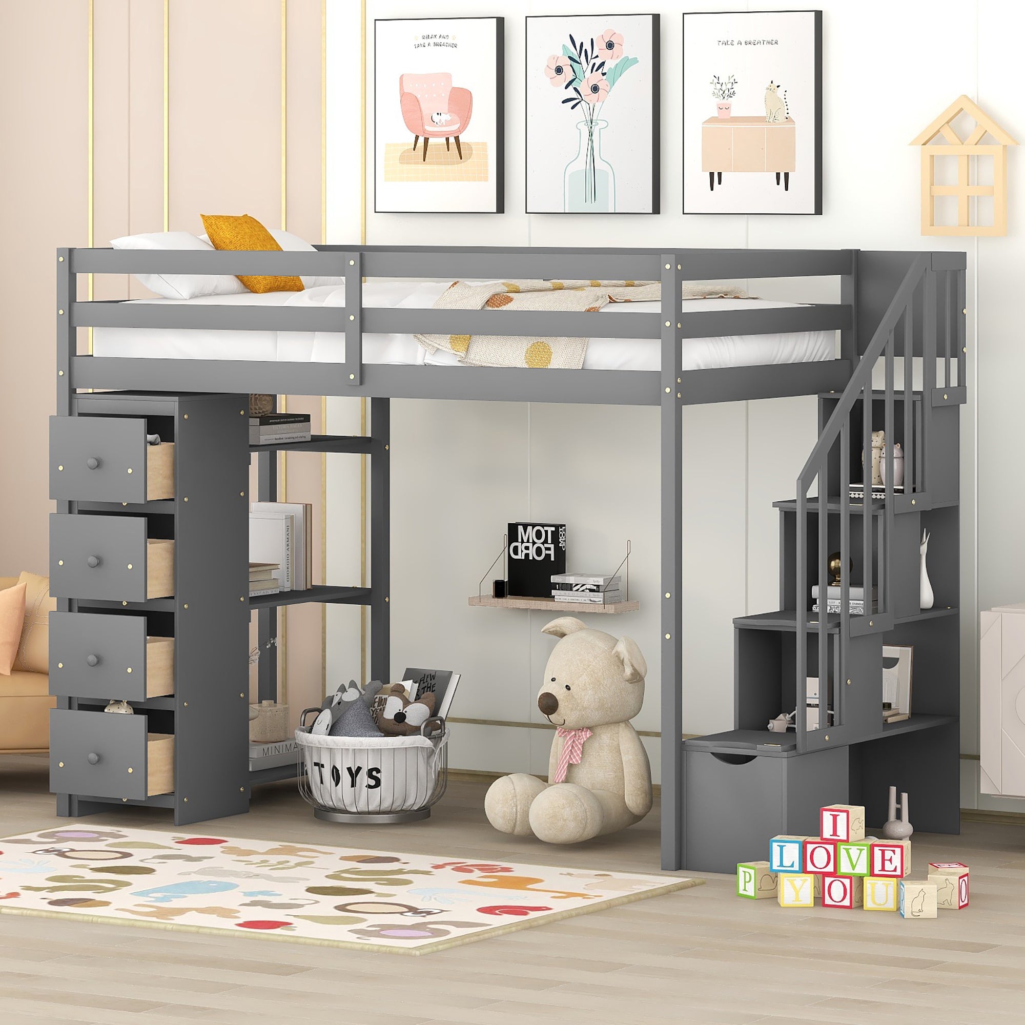 Twin size Loft Bed with Storage Drawers and Stairs, Wooden Loft Bed with Shelves