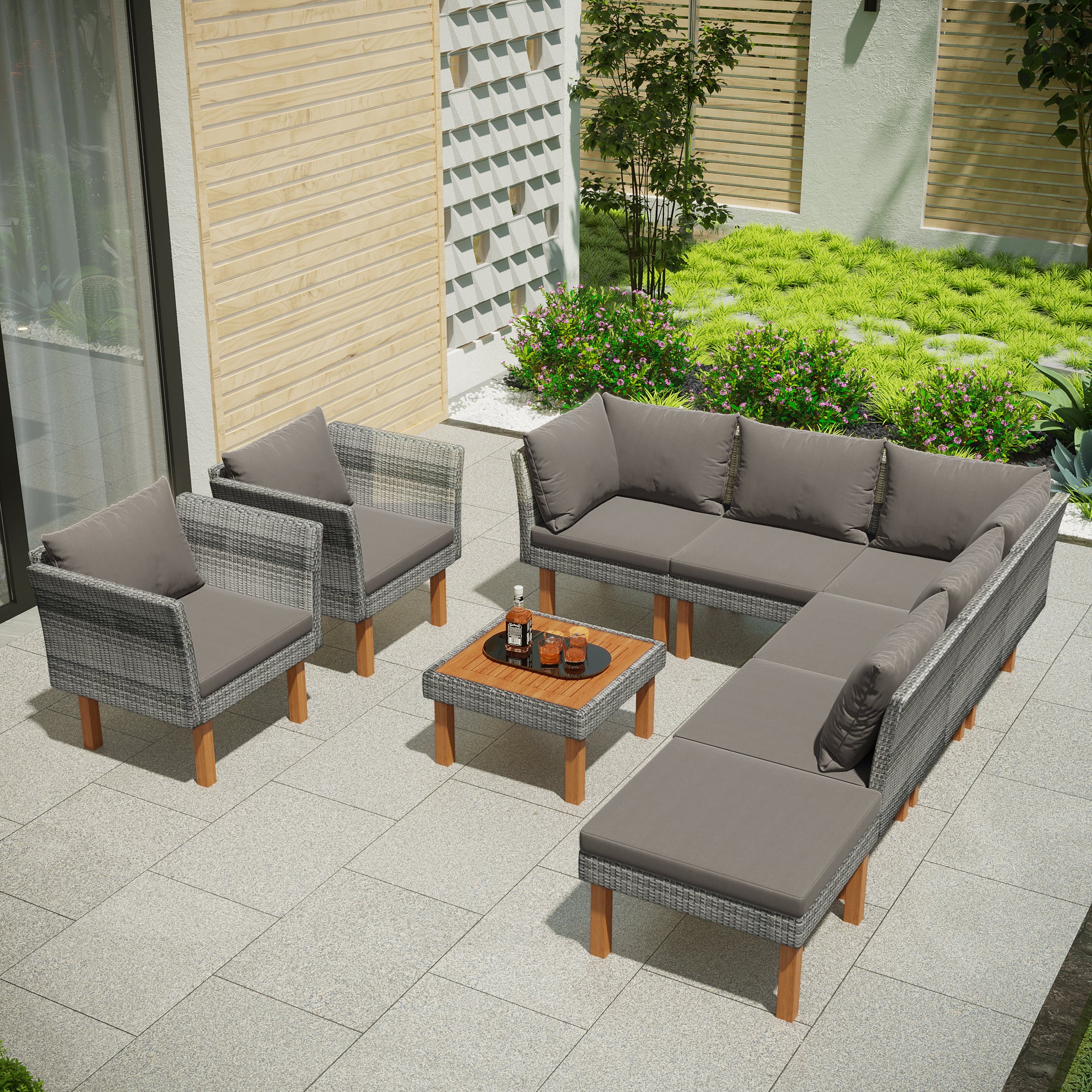 9-Piece Outdoor Patio Garden Wicker Sofa Set, Gray PE Rattan Sofa Set, with Wood Legs, Acacia Wood Tabletop, Armrest Chairs with Beige Cushions