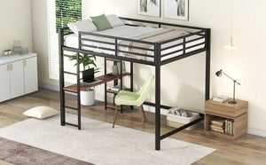 Full Size Metal Loft Bed with Built-in Desk and Storage Shelves