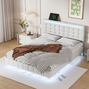 Full Size Floating Bed Frame with LED Lights and USB Charging