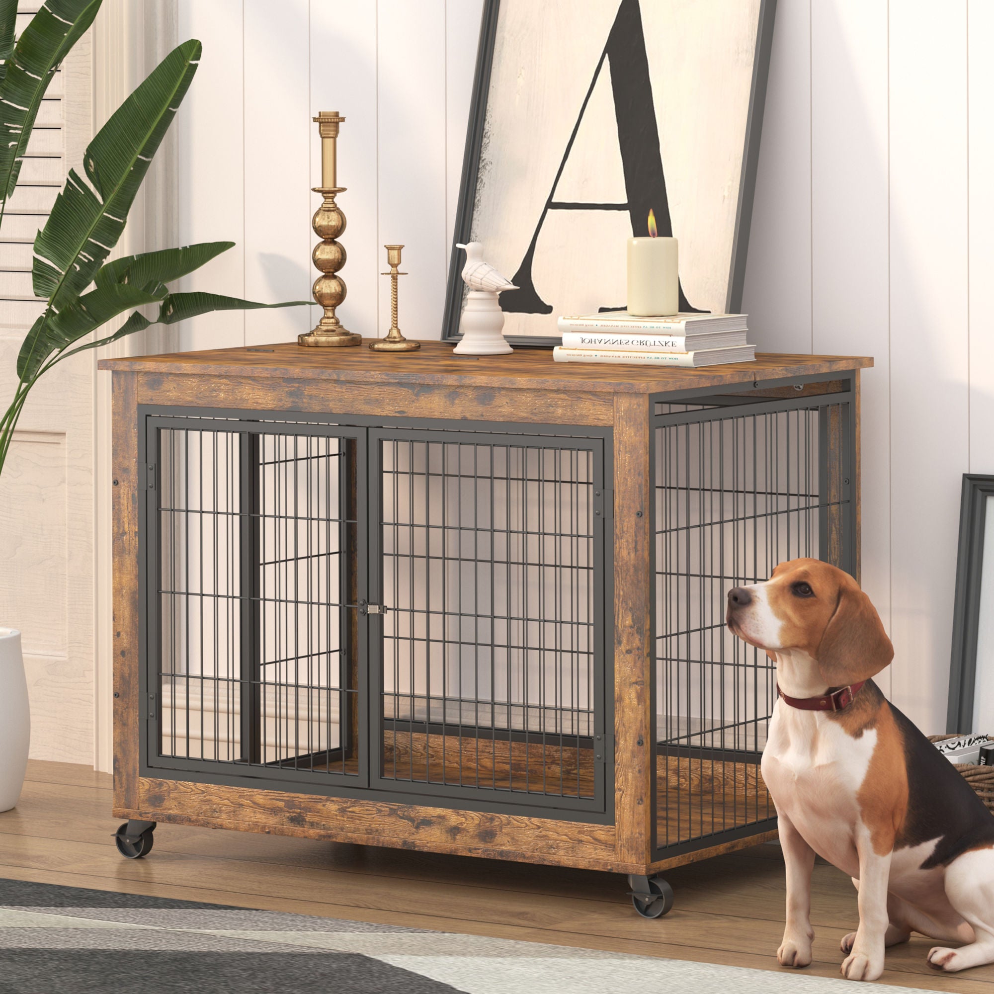 Furniture Style Dog Crate with Double Doors, Rustic Brown - 38.58'' W x 25.2'' D x 27.17'' H