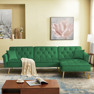 L-Shaped Modern Velvet Upholstered Reversible Sectional Sofa Bed with Movable Ottoman and Nail Head Trim