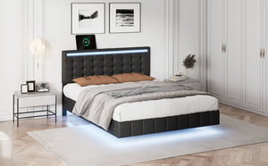 Full Size Floating Bed Frame with LED Lights and USB Charging