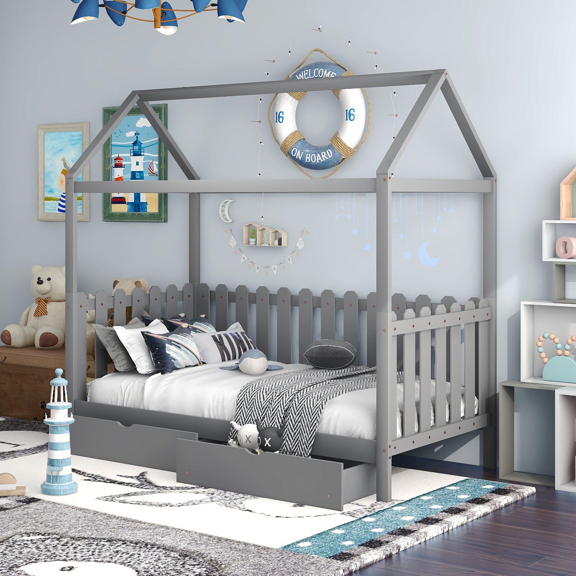 Twin Size House Bed with drawers, Fence-shaped Guardrail