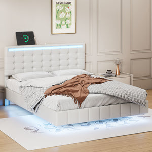 Full Size Floating Bed Frame with LED Lights and USB Charging