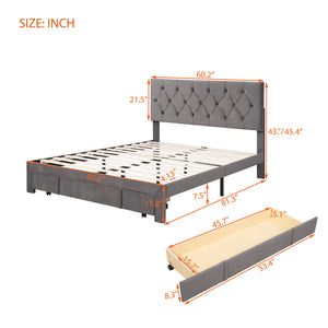 Queen Size Velvet Upholstered Platform Bed with Large Drawer