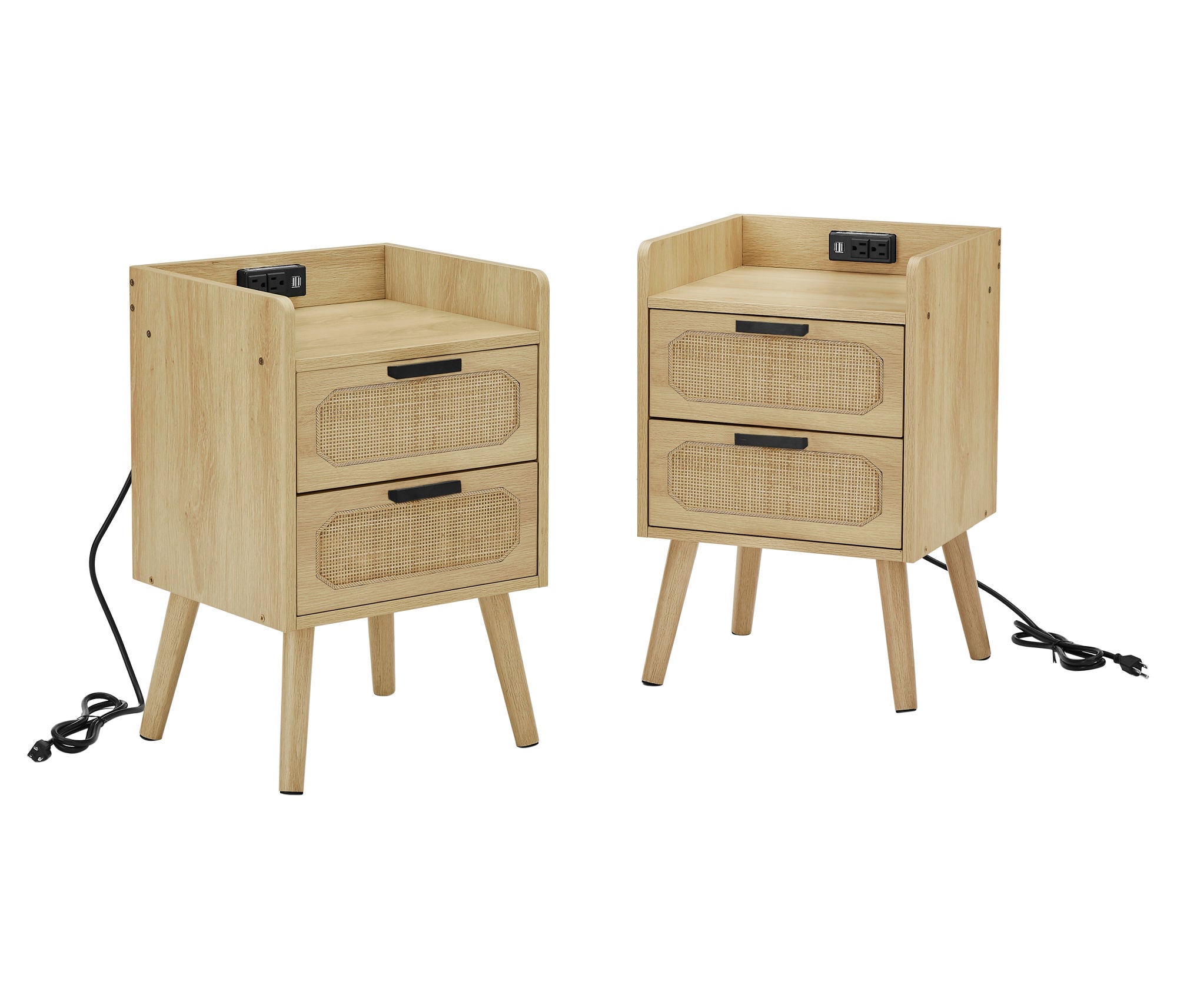 Rattan Nightstand with Socket Side Table Natural Handmade Rattan - Set of 2