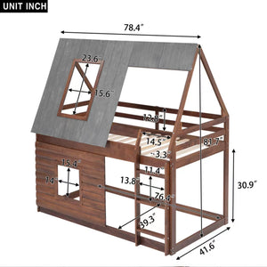 Twin Size Wood House Bunk Bed with Roof, Ladder and 2 Windows