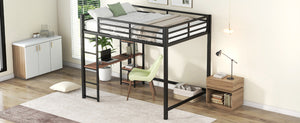 Full Size Metal Loft Bed with Built-in Desk and Storage Shelves