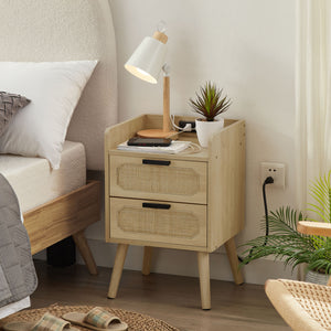 Rattan Nightstand with Socket Side Table Natural Handmade Rattan - Set of 2