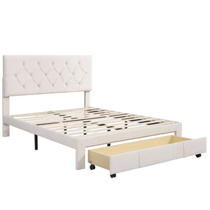 Full Size Velvet Upholstered Platform Bed with Large Drawer