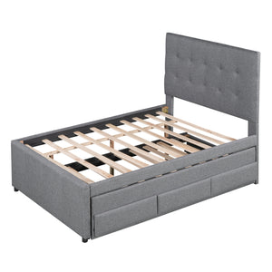 Full Size Upholstered Platform Bed with Pull-out Twin Size Trundle and 3 Drawers