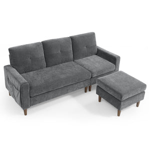 80' Convertible Sectional Sofa Couch;  3 Seats L-shape Sofa with Removable Cushions and Pocket;  Rubber Wood Legs