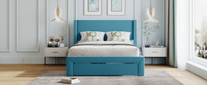 Full Size Velvet Upholstered Platform Bed with Large Drawer