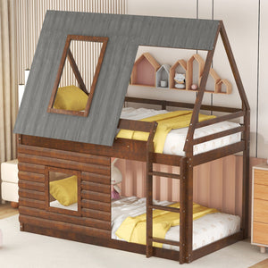 Twin Size Wood House Bunk Bed with Roof, Ladder and 2 Windows