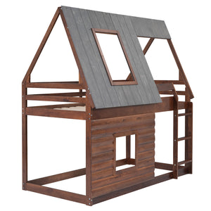 Twin Size Wood House Bunk Bed with Roof, Ladder and 2 Windows